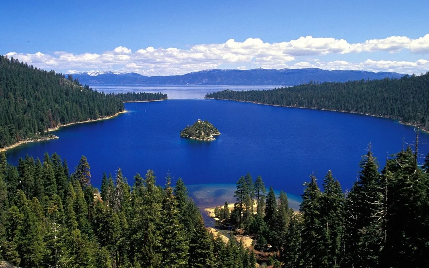 A vibrant blue lake with a small, tree-covered island, surrounded by dense pine forests and distant snow-capped mountains under a clear blue sky.