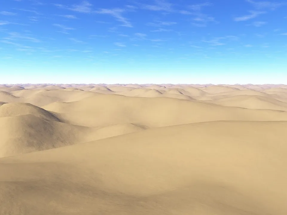 Vast desert landscape with rolling sand dunes under a clear blue sky.