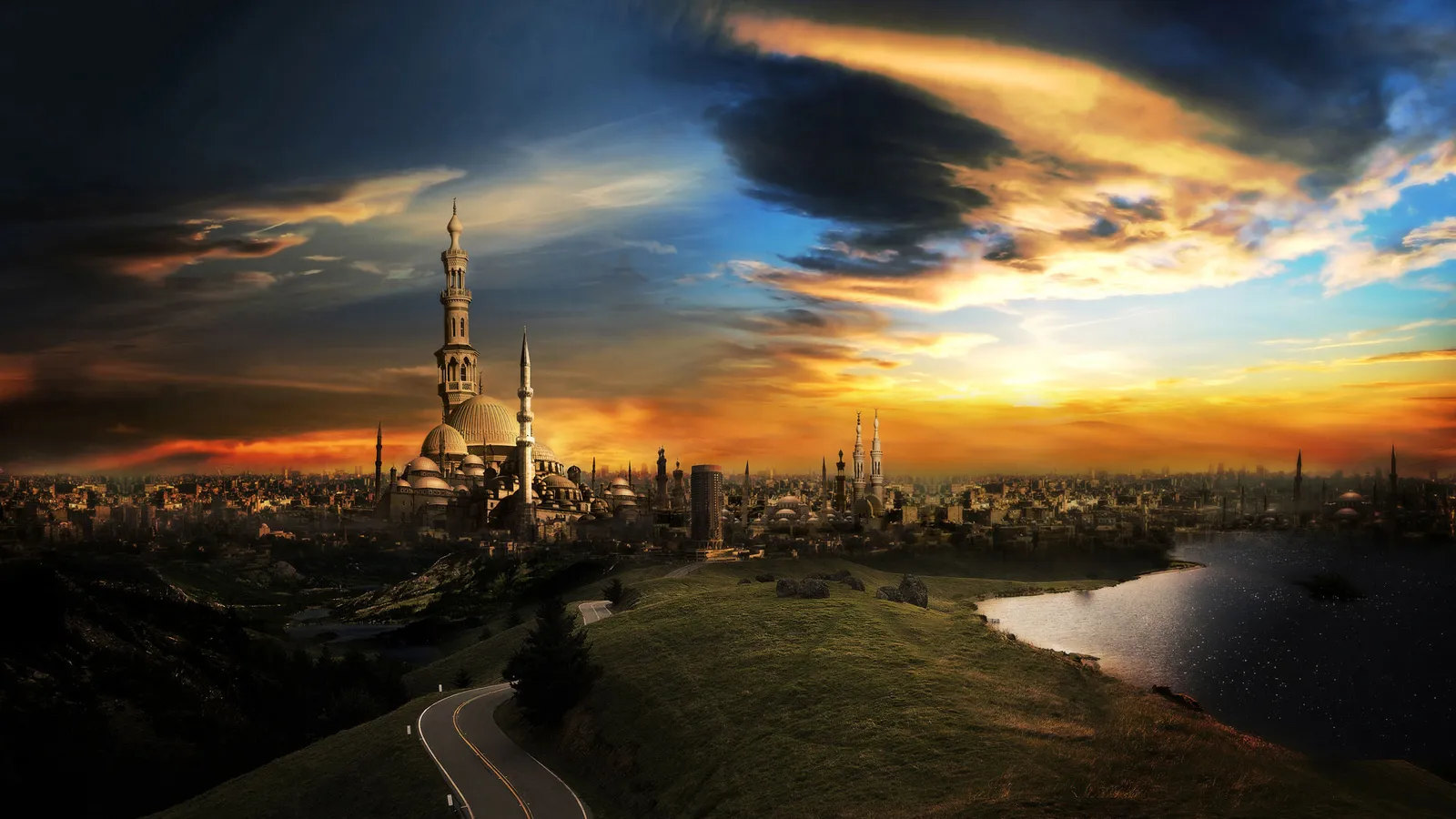 A fantasy city with minarets and domes is illuminated by a dramatic sunset sky with vibrant orange and blue clouds.