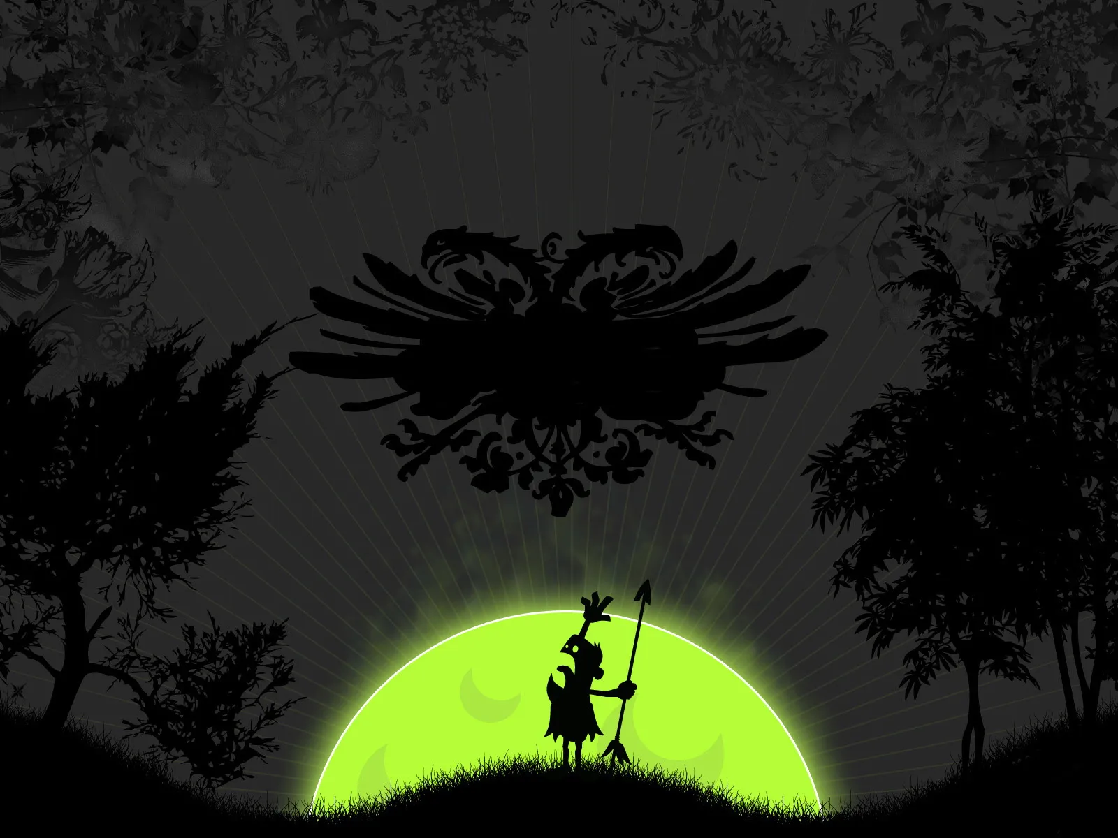 A silhouette of a creature holding a spear stands before a bright green moon, with trees and floral patterns in the background.