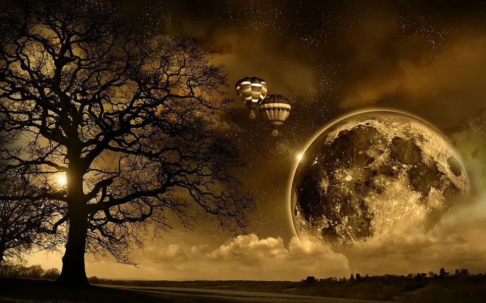 A surreal night scene with a large moon, hot air balloons, and a silhouetted tree against a starry sky.
