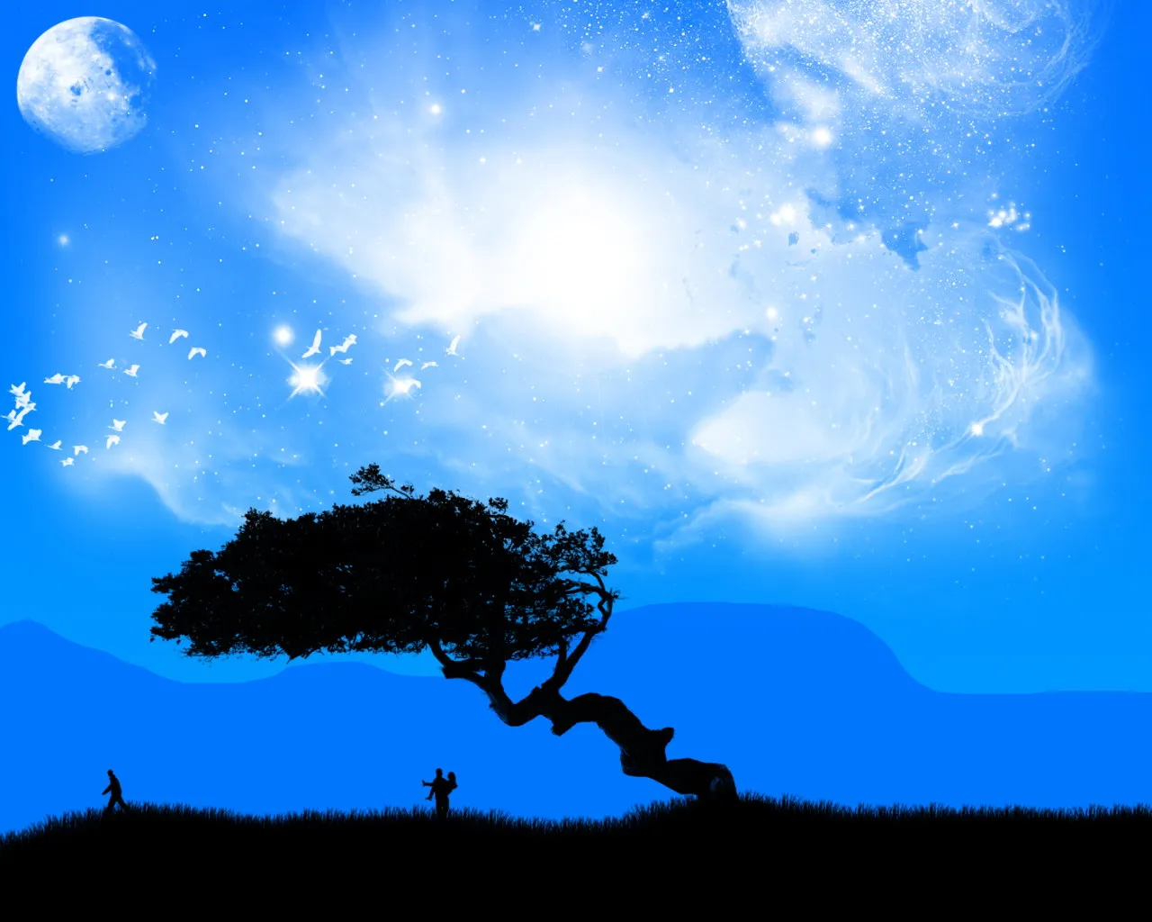 A surreal night sky with a large moon, glowing clouds, and a silhouette of a tree and people.