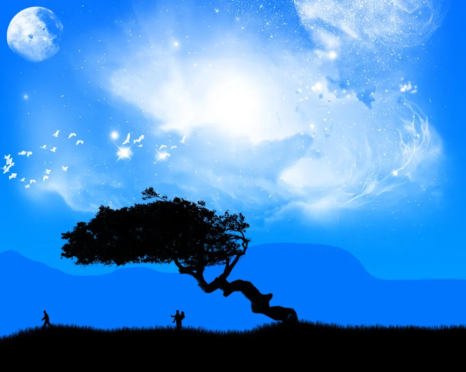A surreal night sky with a large moon, glowing clouds, and a silhouette of a tree and people.