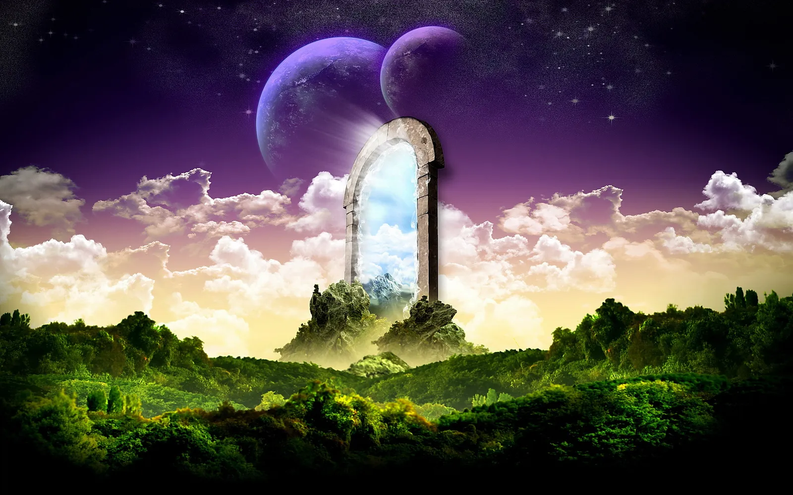 An ancient stone archway opens to a sky with mountains, set against a backdrop of planets and stars.