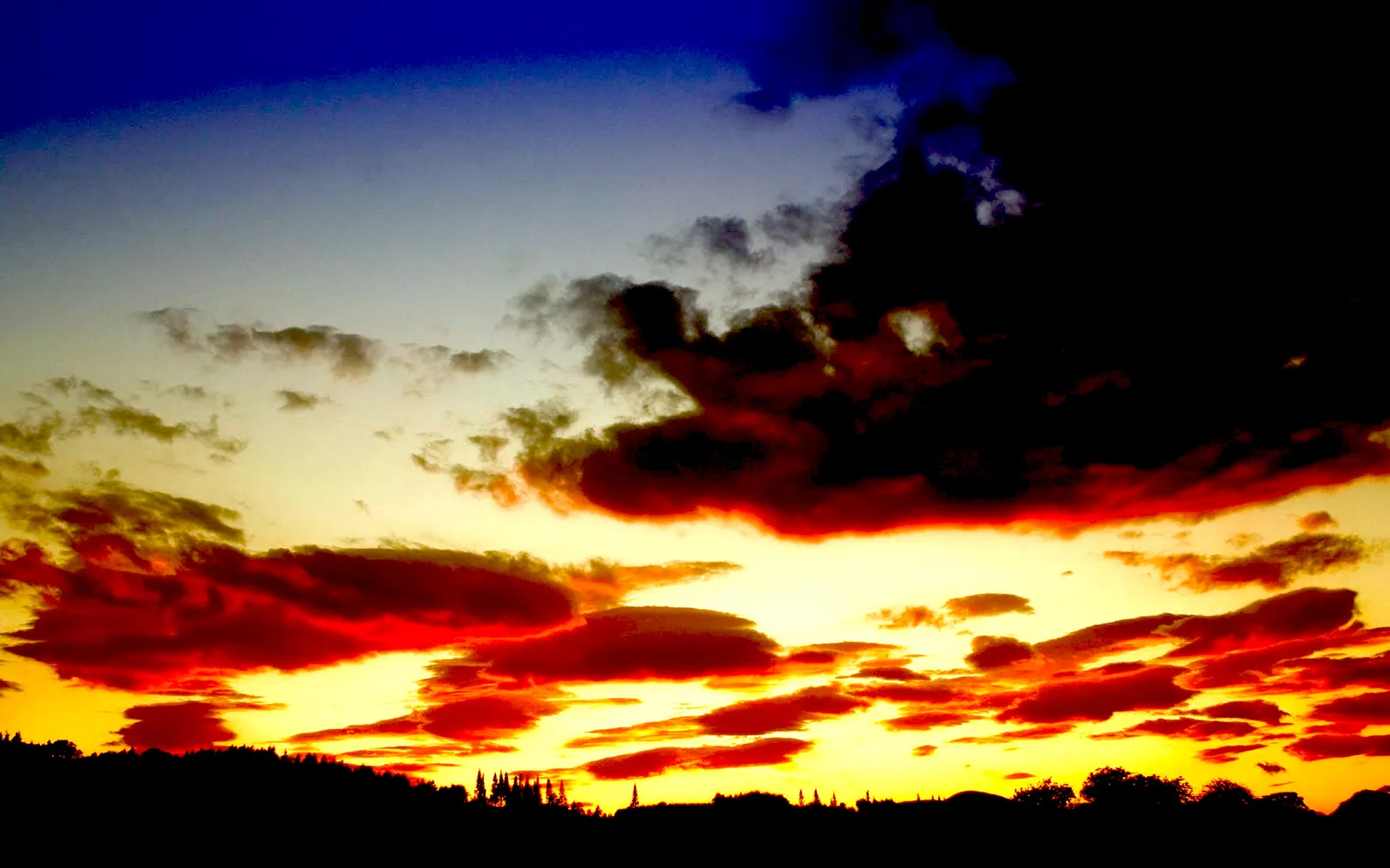 A dramatic sunset with vibrant red and yellow clouds silhouetting a tree-lined horizon.