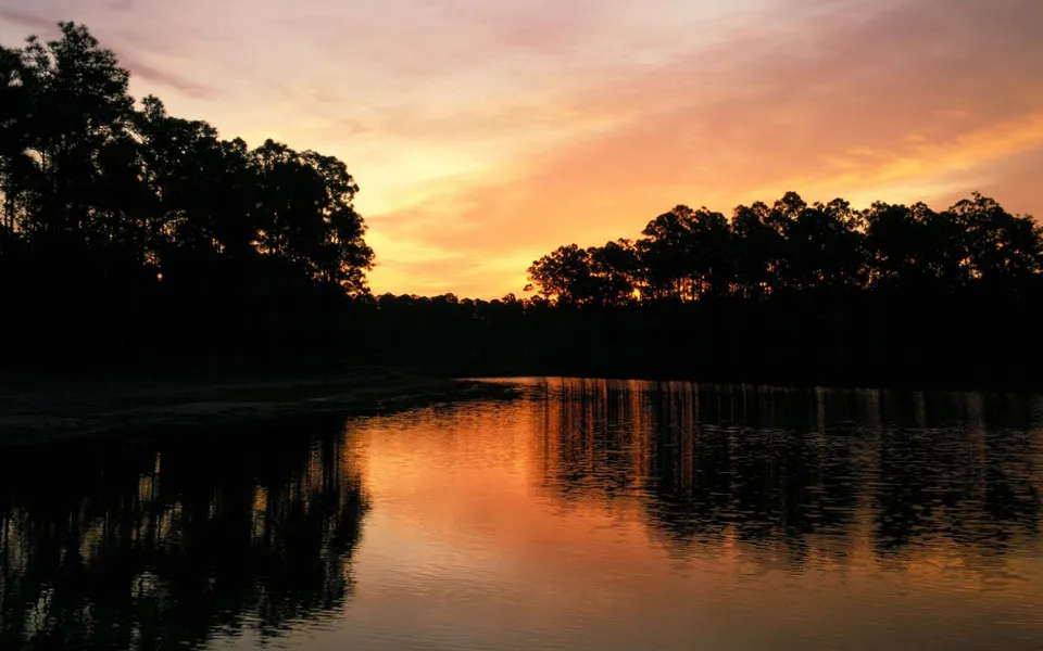 A fiery orange and pink sunset sky is reflected in a dark lake surrounded by silhouetted trees.