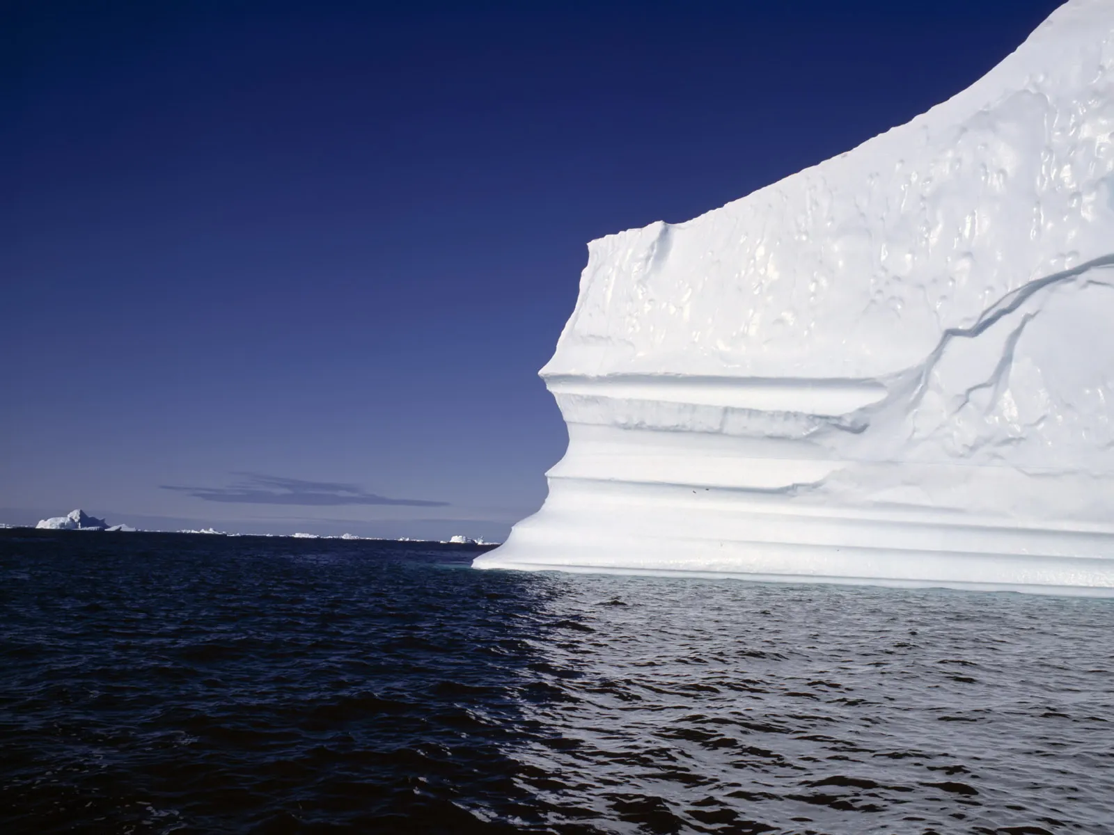 A massive iceberg with a flat top rests in the deep blue ocean.