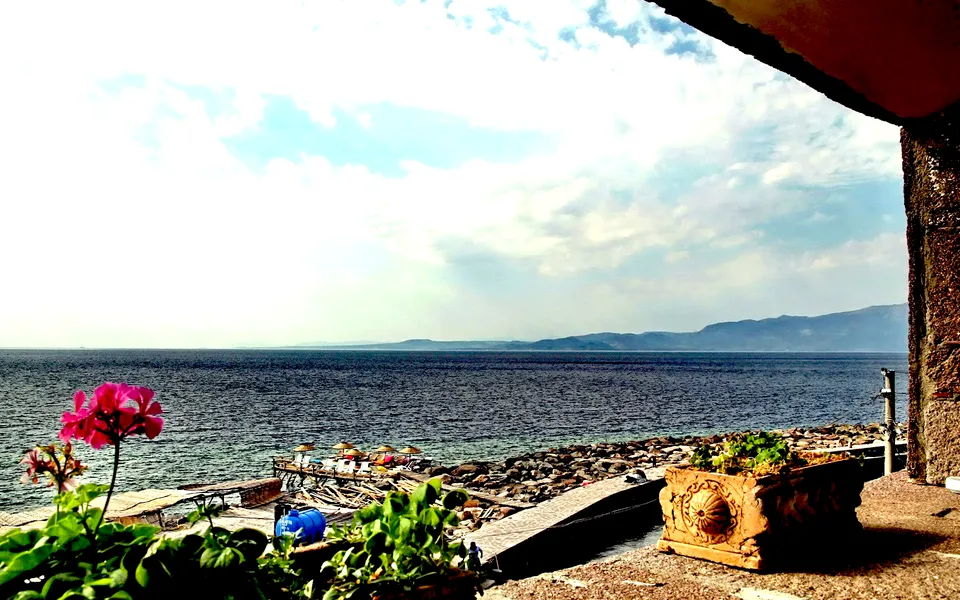 A view of the sea from a balcony with flowers in the foreground and mountains in the distance.