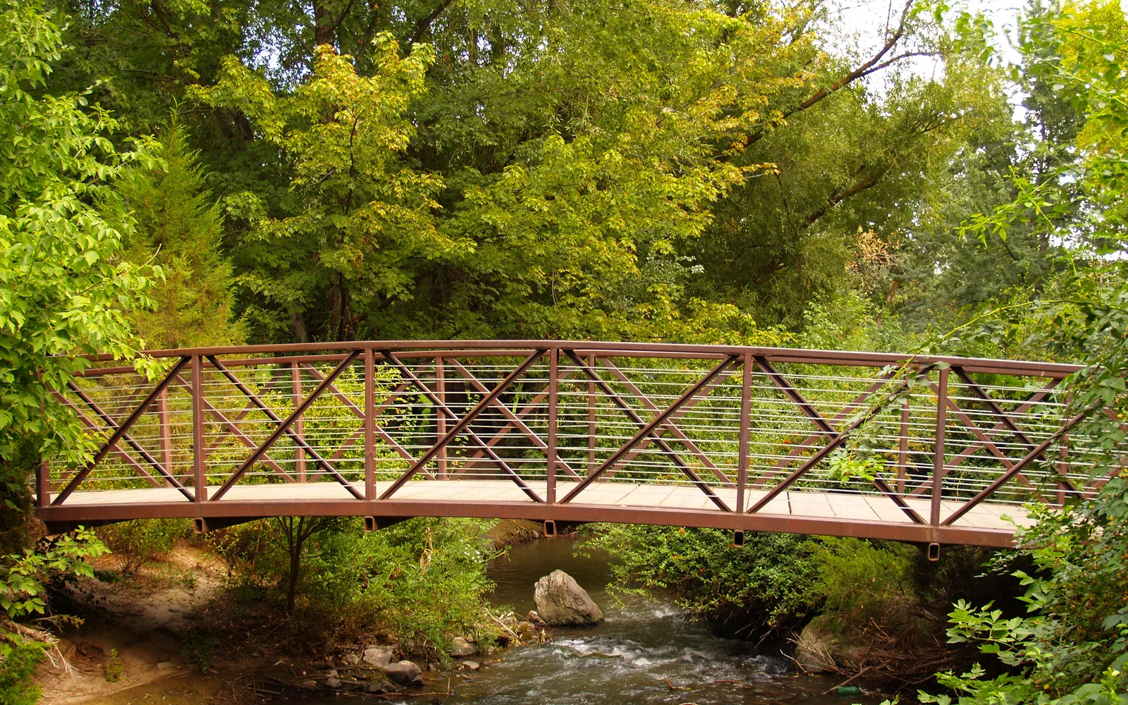 A metal footbridge crosses a flowing stream surrounded by lush green trees.