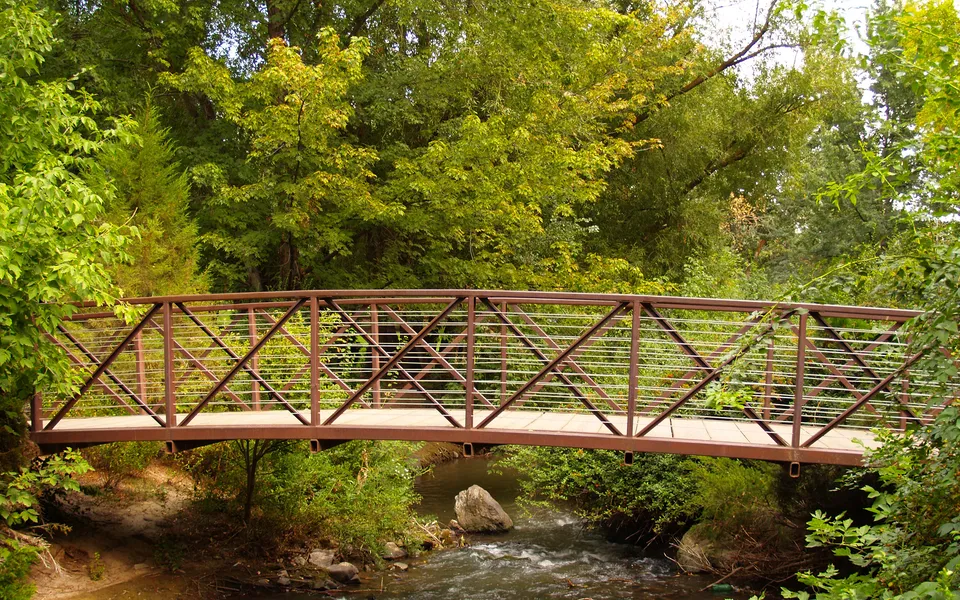 A metal footbridge crosses a flowing stream surrounded by lush green trees.