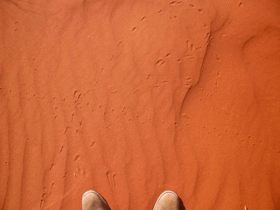 A person's feet in boots stand on a vast expanse of rippled orange sand with small animal tracks.