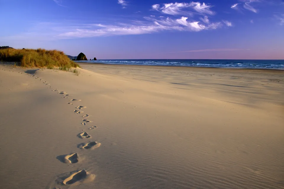 Footprints lead across a sandy beach towards the ocean under a blue sky with wispy clouds.