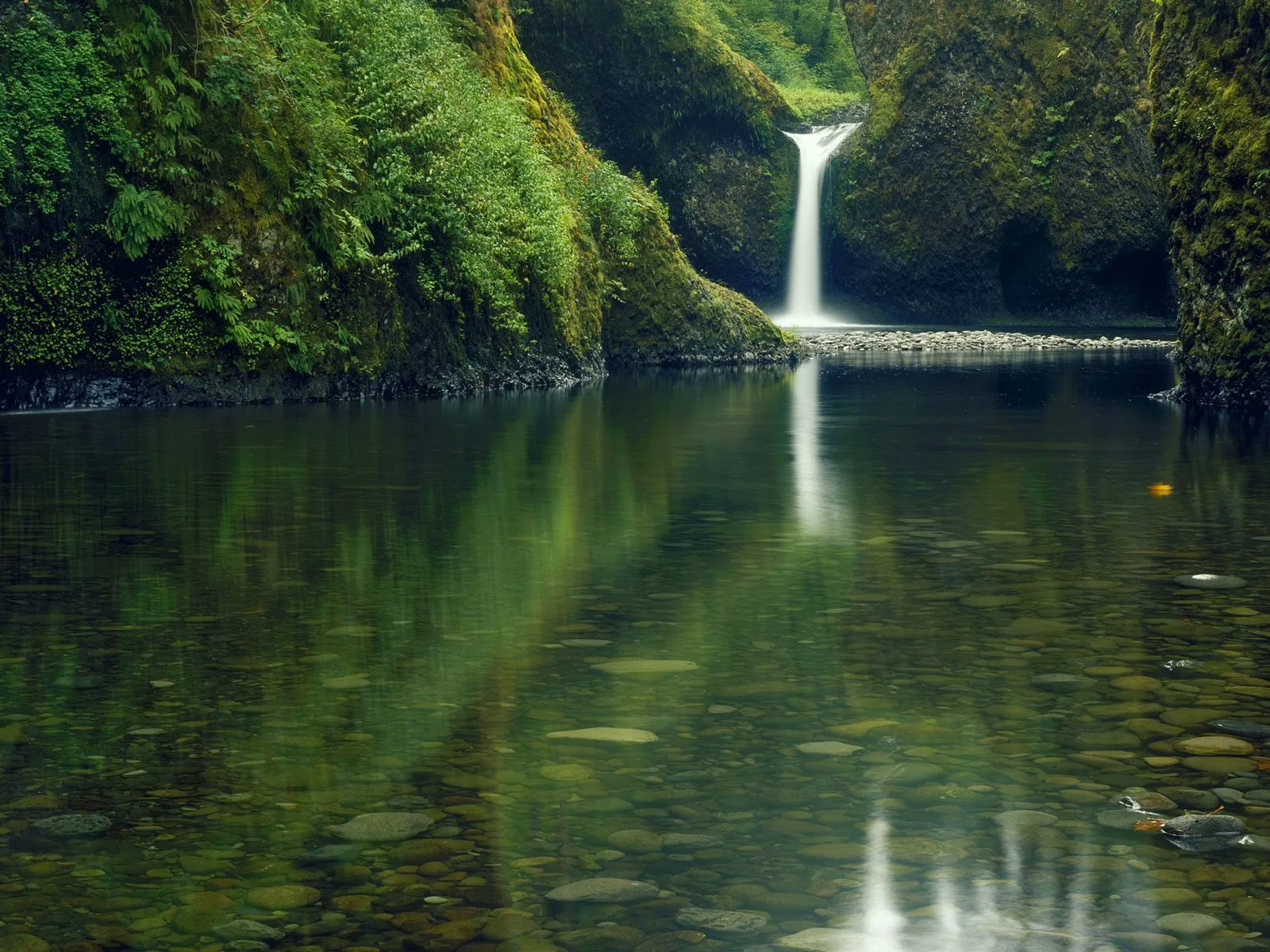 A tall, thin waterfall flows into a clear pool surrounded by moss-covered cliffs and lush green vegetation.