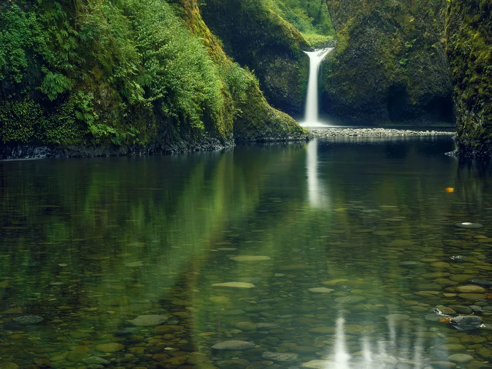 A tall, thin waterfall flows into a clear pool surrounded by moss-covered cliffs and lush green vegetation.