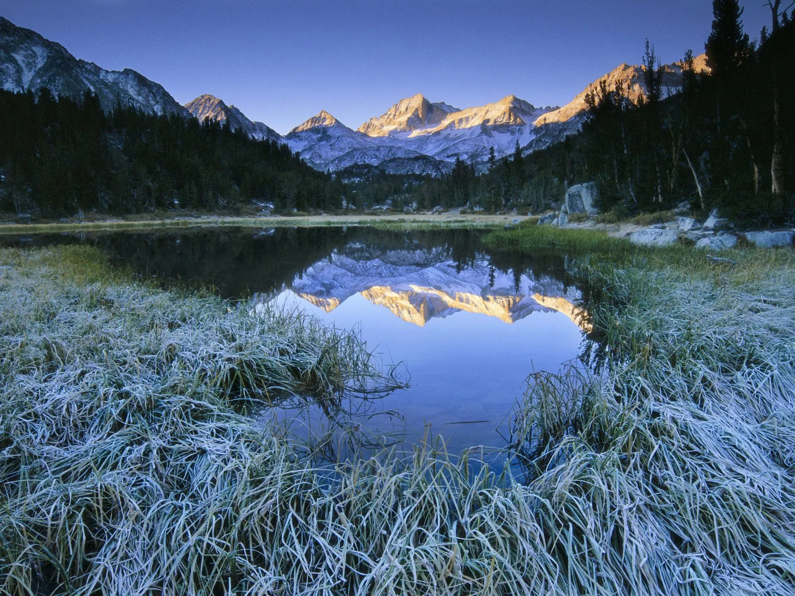 Frosty grass in the foreground reflects jagged, snow-dusted mountain peaks at sunrise.
