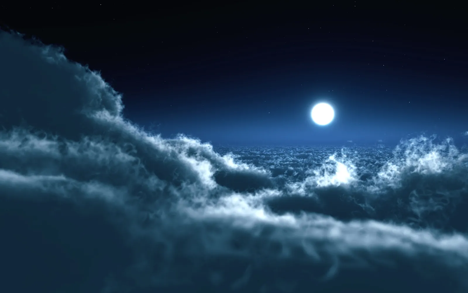 A bright full moon shines in a dark night sky above a sea of clouds.