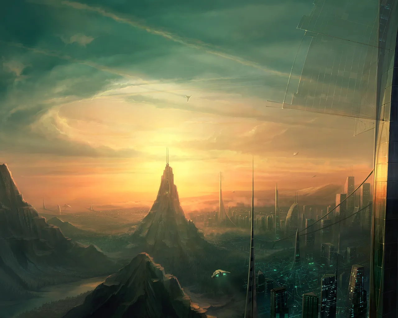 A futuristic city with tall buildings and flying vehicles is nestled between mountains during a vibrant sunset.