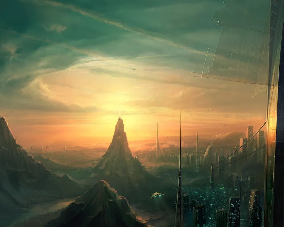 A futuristic city with tall buildings and flying vehicles is nestled between mountains during a vibrant sunset.
