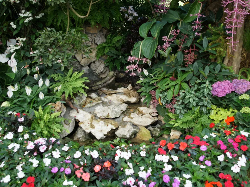 A small rock waterfall surrounded by lush green plants and a variety of colorful flowers.