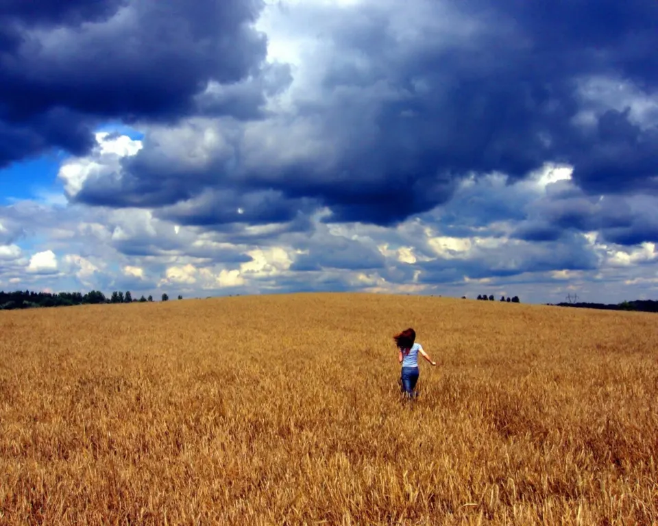 A young girl runs through a vast golden wheat field towards a dramatic, dark cloudy sky.