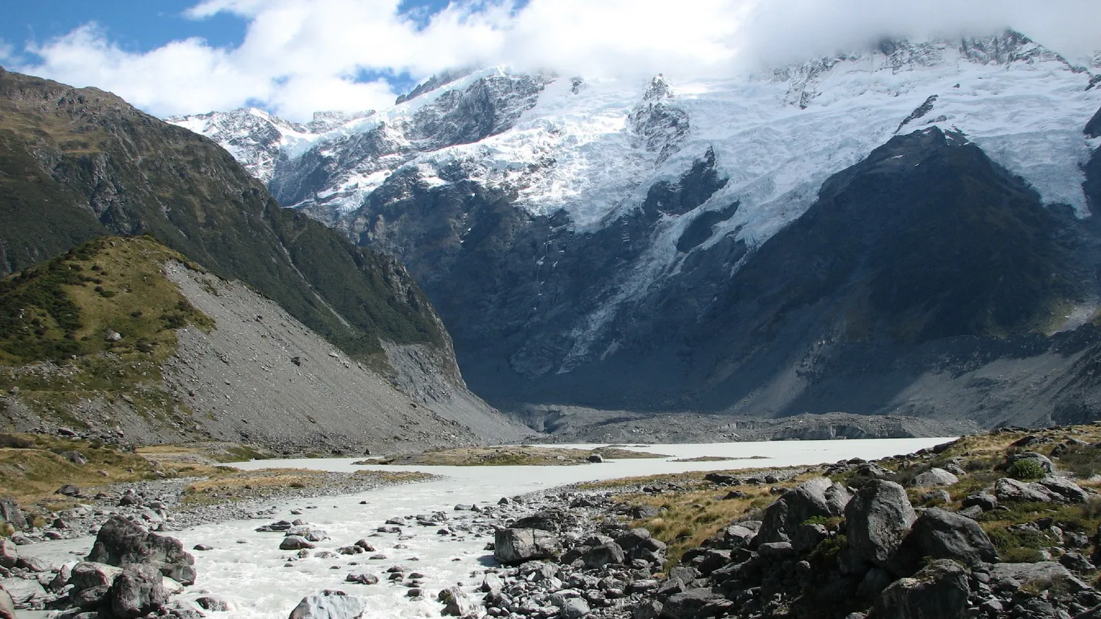 A wide glacial valley with a milky river flowing through it, leading to snow-covered mountains under a cloudy sky.