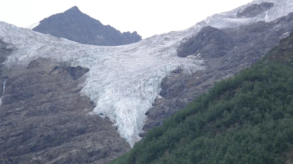 A vast glacier descends a rocky mountainside, bordered by dense green trees.