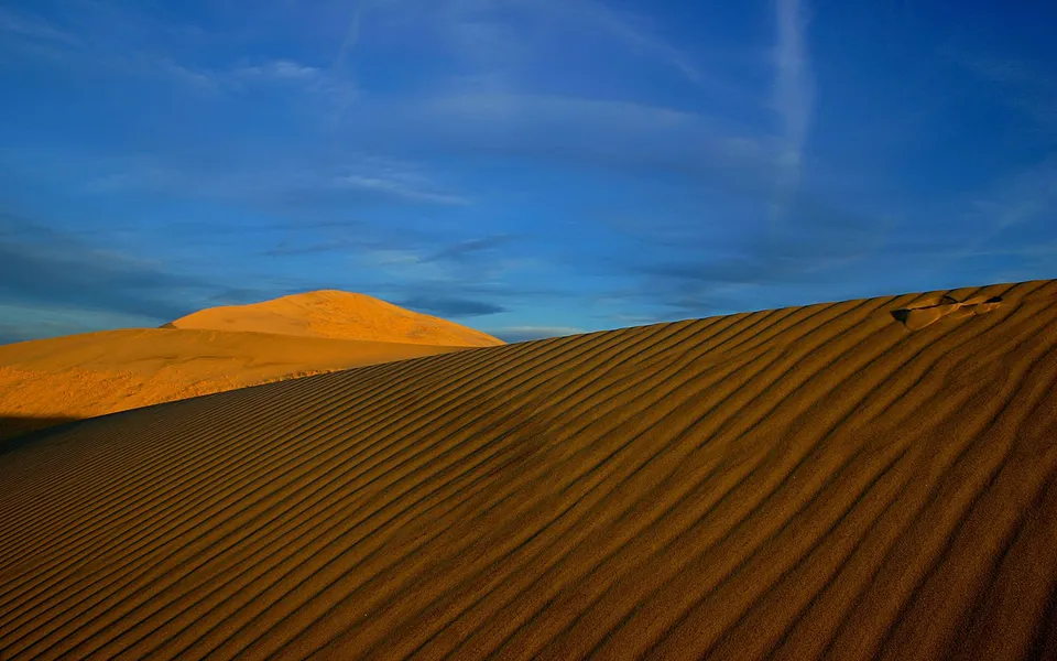 Sand dunes illuminated by golden hour sunlight, casting a warm glow on the rippled sand.