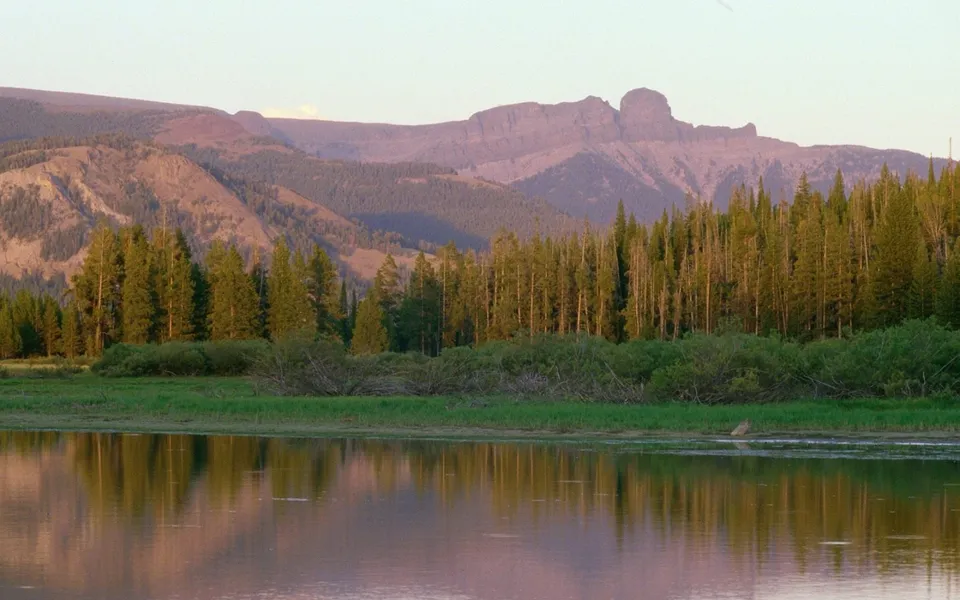A calm lake reflects a mountain range and evergreen forest during golden hour.