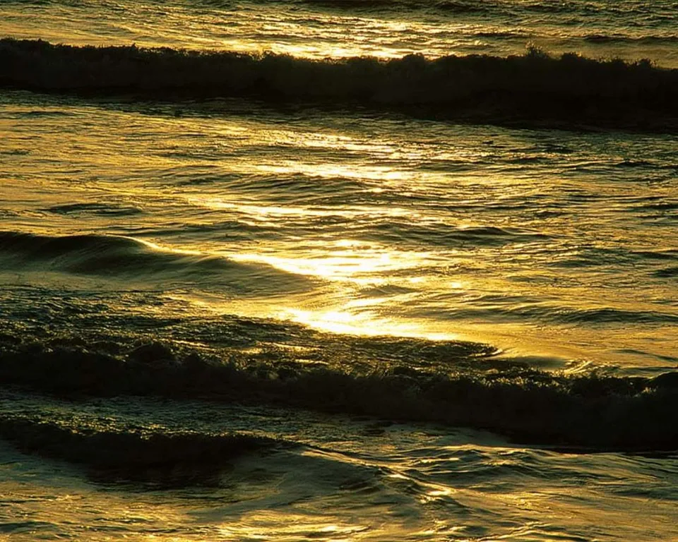Waves on the ocean reflecting golden sunlight.