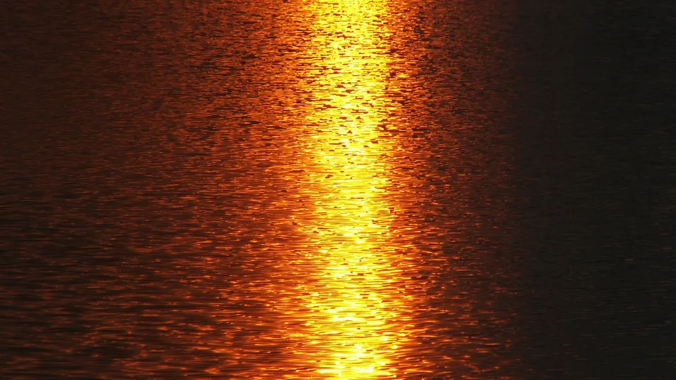 A bright golden reflection of the sun shimmers on the dark, rippling surface of water.