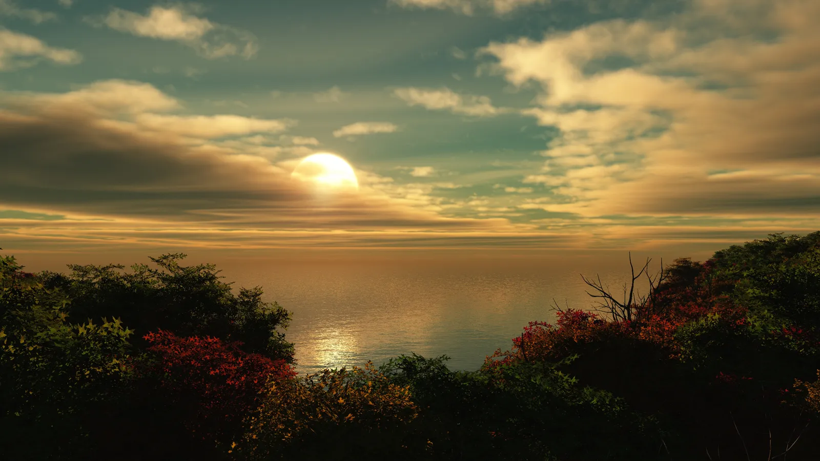 The sun casts a golden glow on a tranquil ocean, framed by colorful foliage.