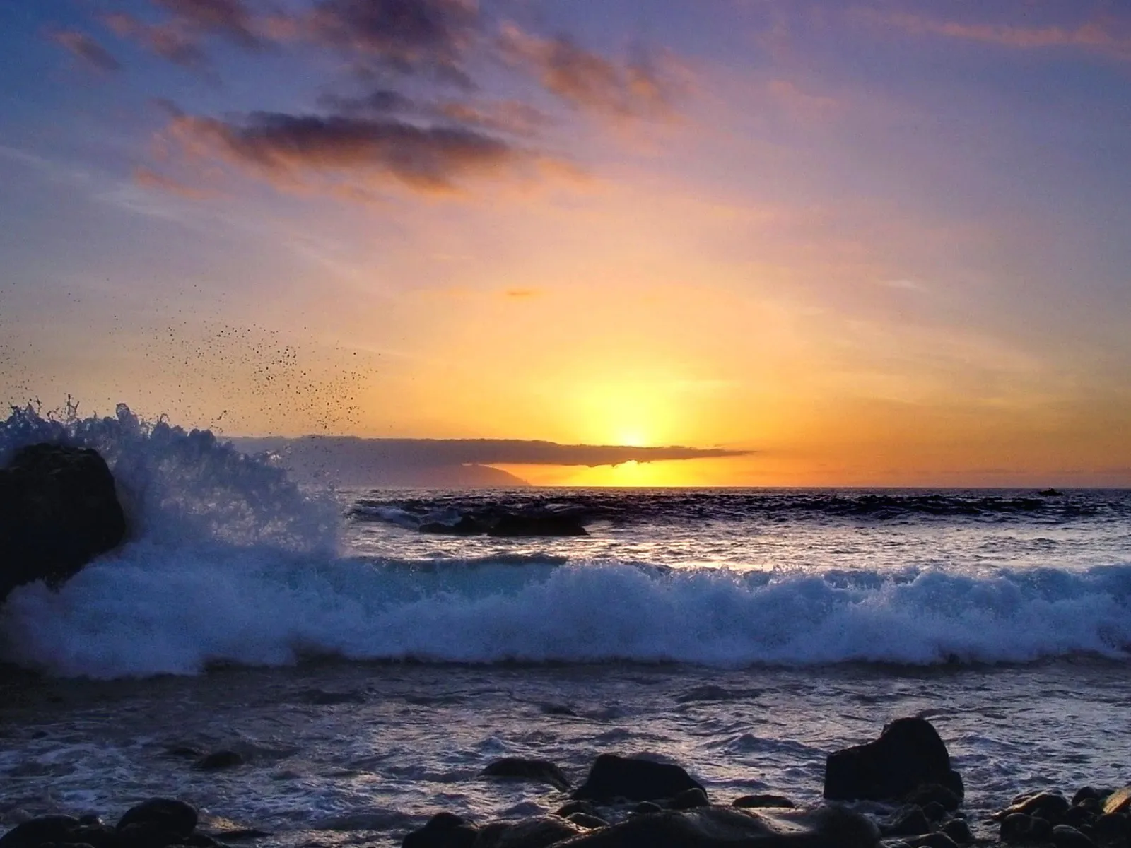 A golden sunset casts a glow on a breaking wave against dark rocks.