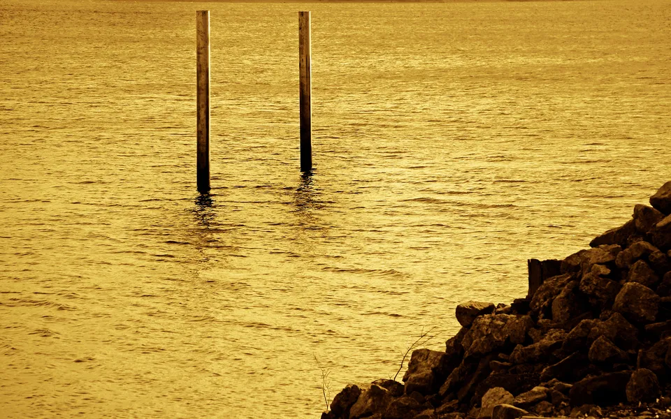 Two wooden posts stand in golden water next to a rocky shore.