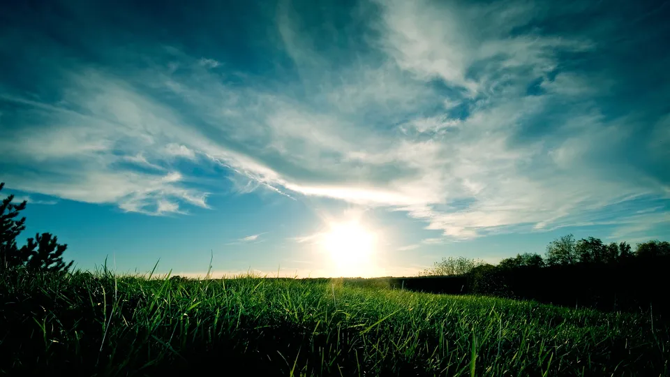 A bright sun rises over a green grassy field with wispy clouds in a blue sky.
