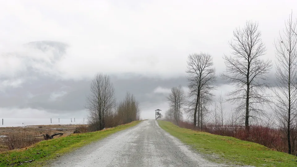 A gravel road curves uphill towards a small observation tower under a cloudy sky.
