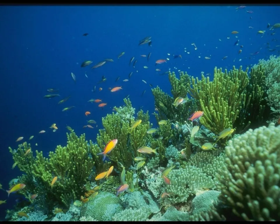 Lush green coral bushes are teeming with small, colorful fish.