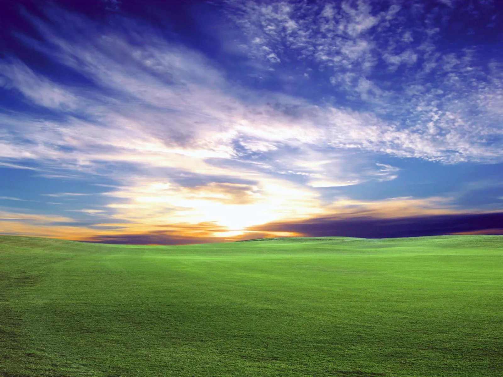 Expansive green rolling hills stretch towards a vibrant sunset sky with wispy clouds.