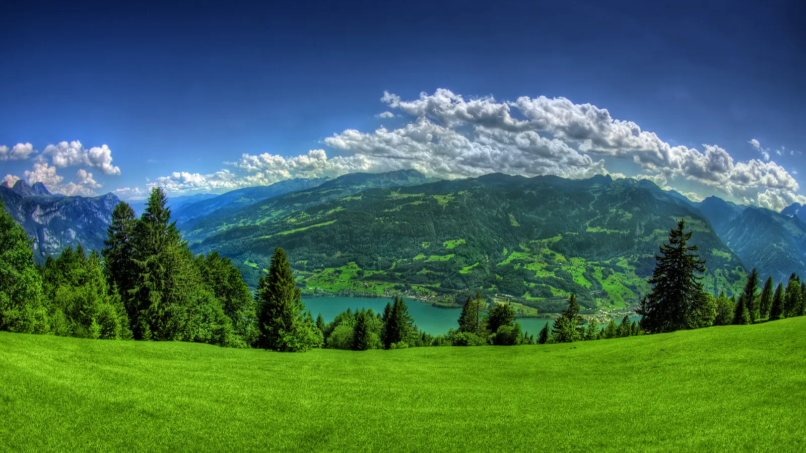 A panoramic view of a lush green meadow leading to a turquoise lake surrounded by forested mountains under a blue sky with clouds.