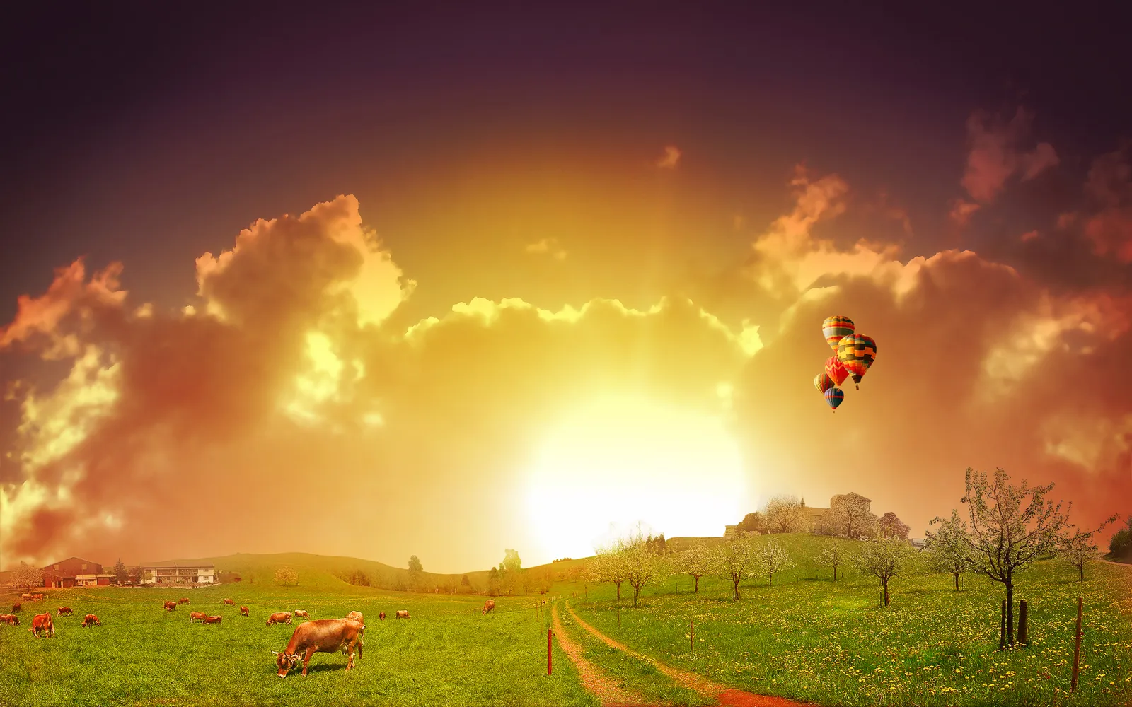 Several hot air balloons float in a vibrant, cloudy sky above a green field with cows and trees.
