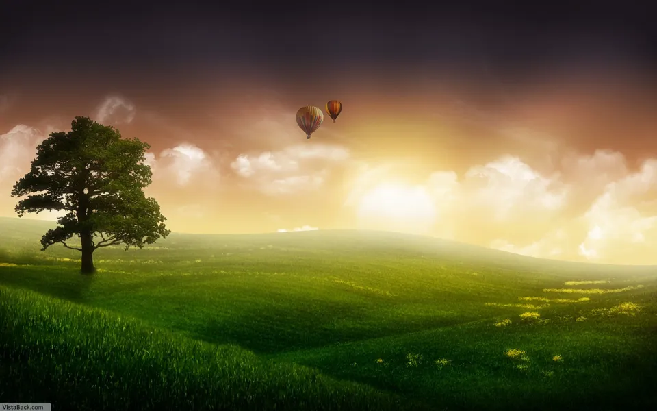 Two hot air balloons float in a dramatic sky above lush green hills and a large tree.