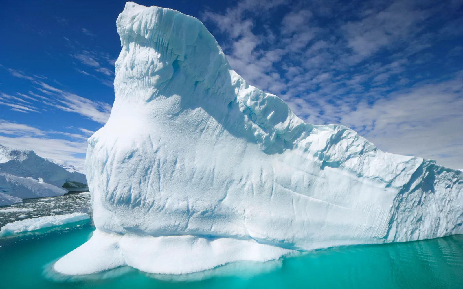 A massive iceberg with intricate textures floats in bright turquoise water under a blue sky with scattered clouds.