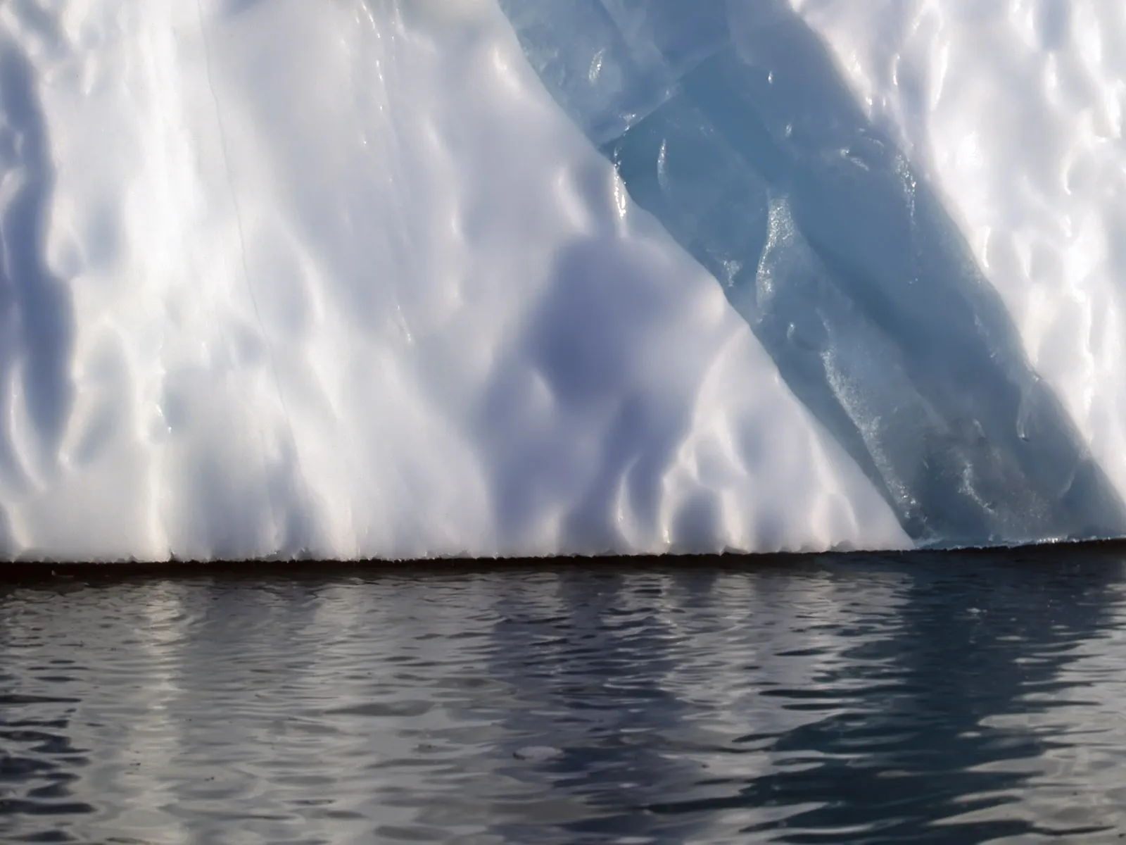 A close-up view of an iceberg with textured white and blue ice, reflected in dark water.