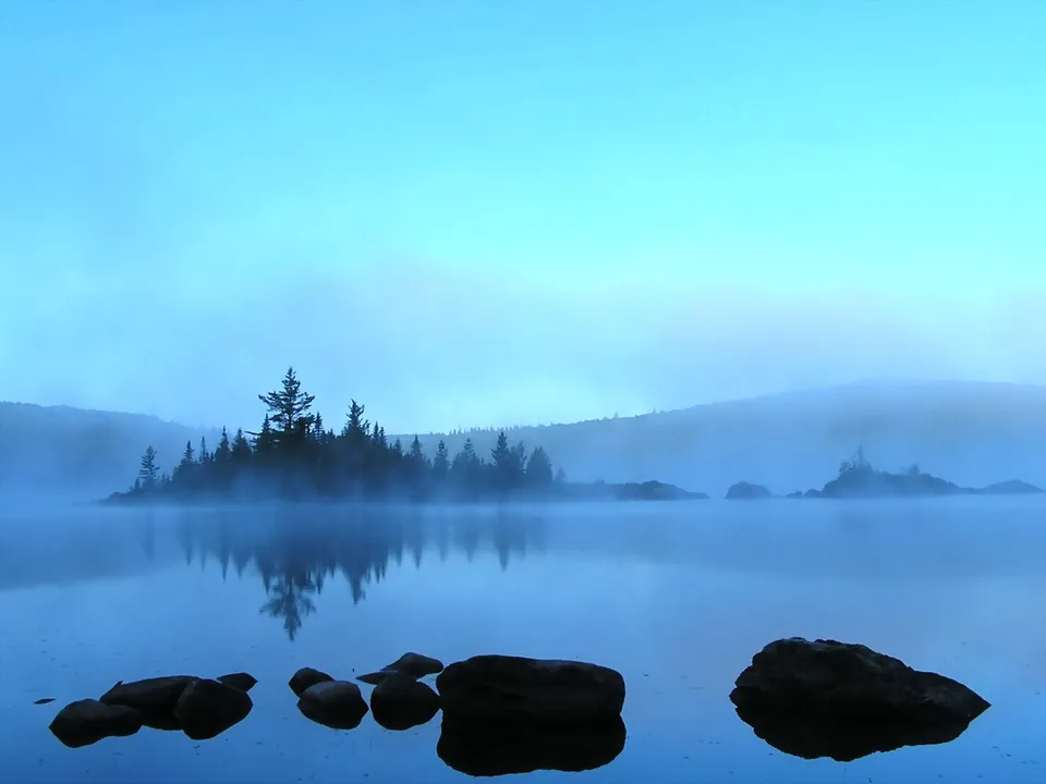 A misty morning over a calm lake with a silhouetted island and trees.