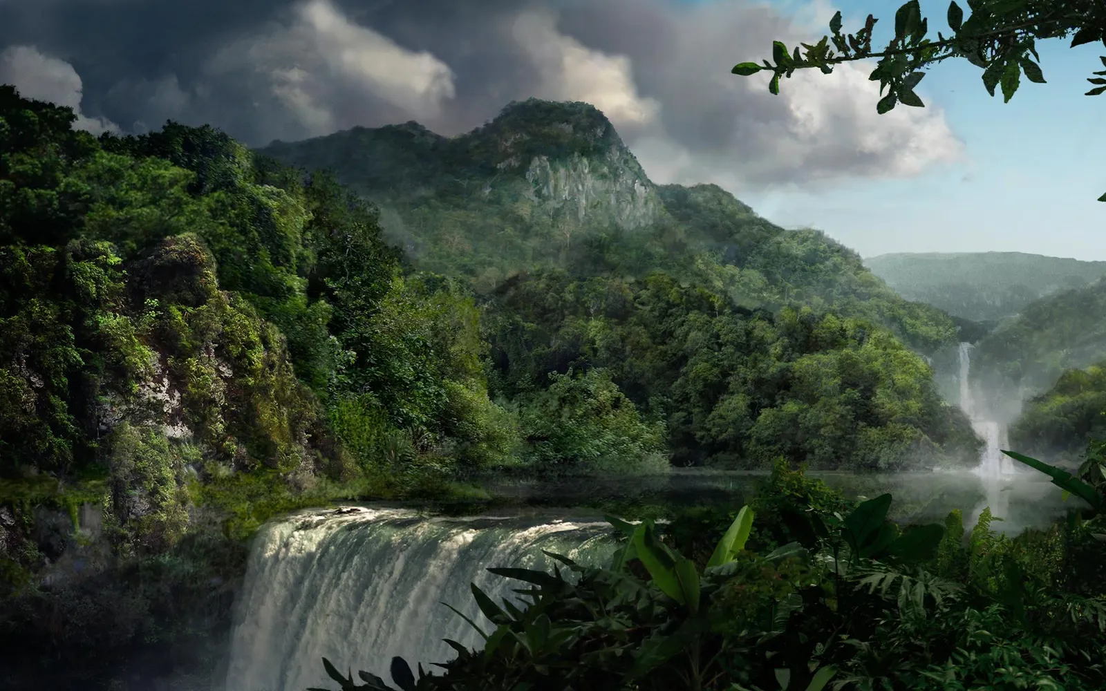 A wide waterfall cascades down a rocky cliff into a calm pool, surrounded by dense green jungle and misty mountains.