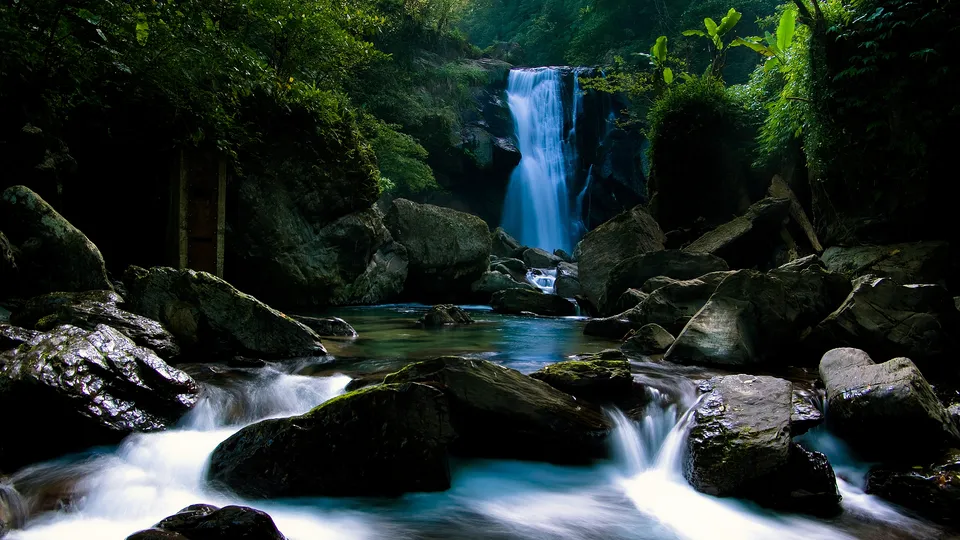 A tall waterfall plunges into a clear pool surrounded by lush green foliage and large, dark rocks.