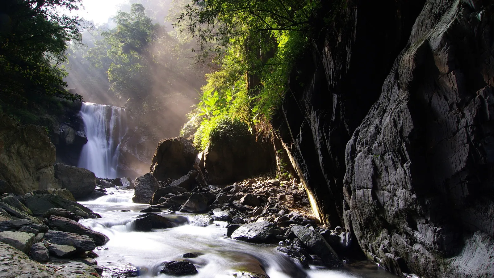 A misty waterfall cascades down rocks in a lush jungle, with sunbeams piercing through the canopy.