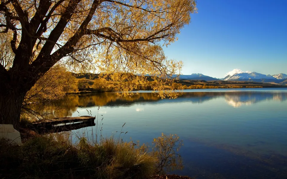 A calm lake reflects golden autumn trees and distant snow-capped mountains under a clear blue sky.