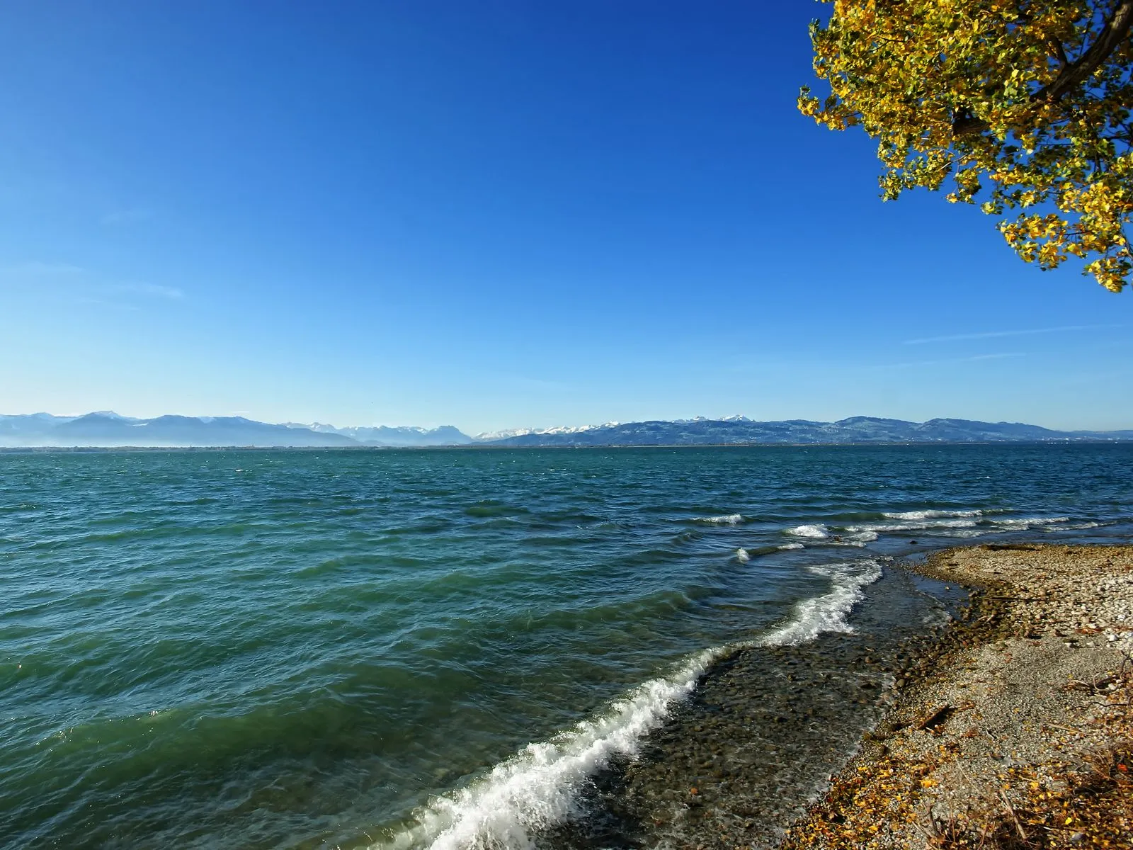 A view of a lake with waves lapping on a pebble shore, with distant snow-capped mountains under a clear blue sky.