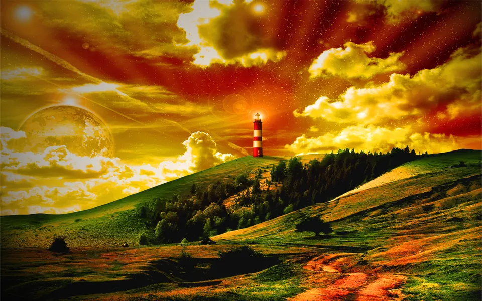A red and white striped lighthouse stands on a green hill under a dramatic, fiery sky with clouds and a large moon.