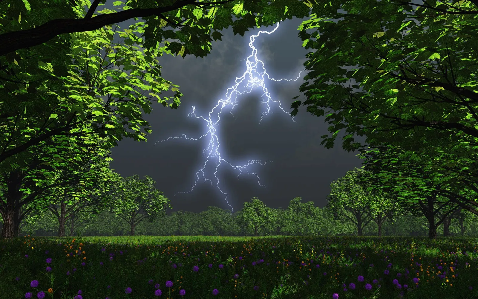 A bright lightning bolt strikes down from a dark, stormy sky, framed by green trees and a field of flowers.